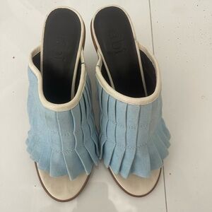 Tibi Light Blue Fringe Mules Statement Designer Slides Size 8